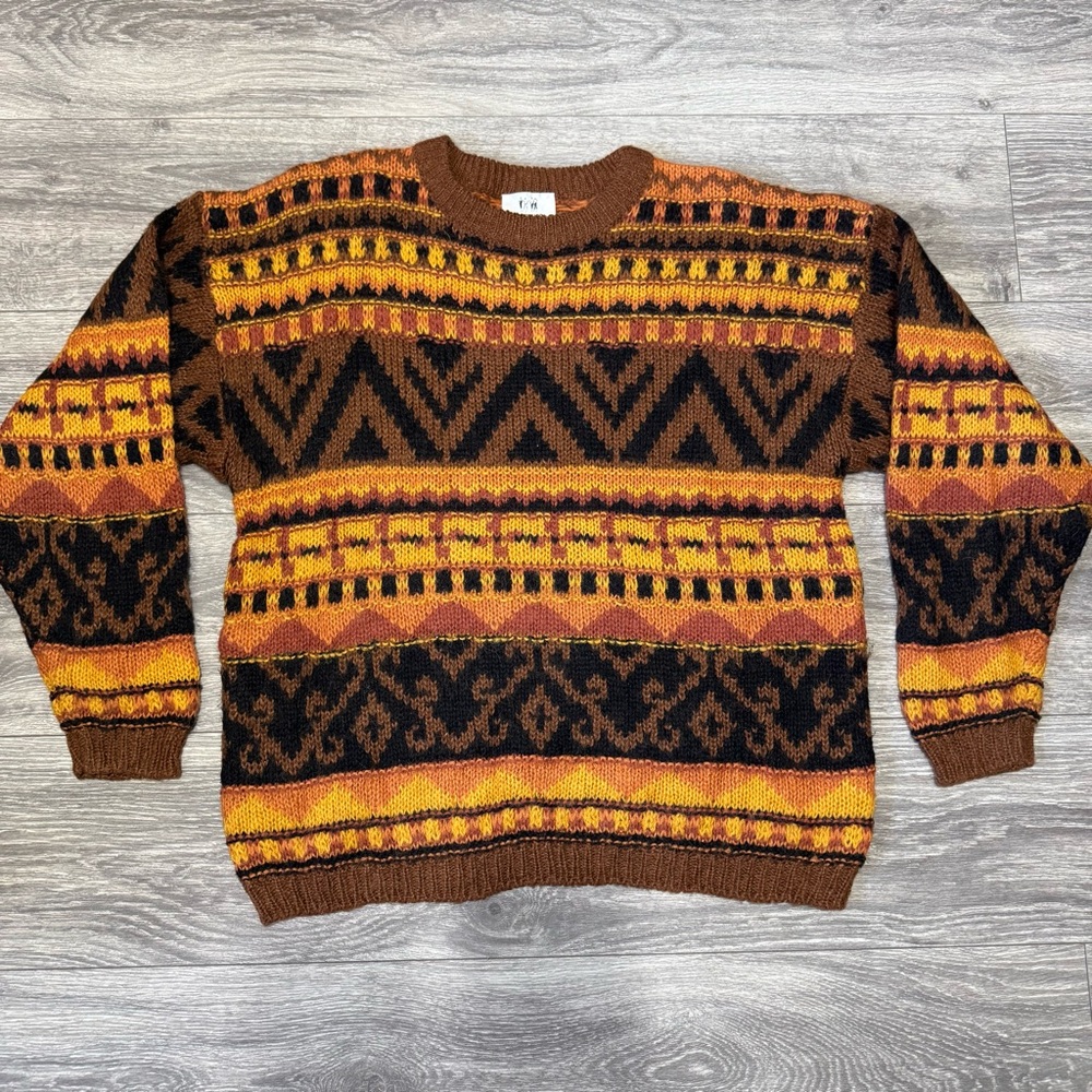 Vintage Together! 80's Brown Orange Black Men sweater Wool Blend Pullover Size L